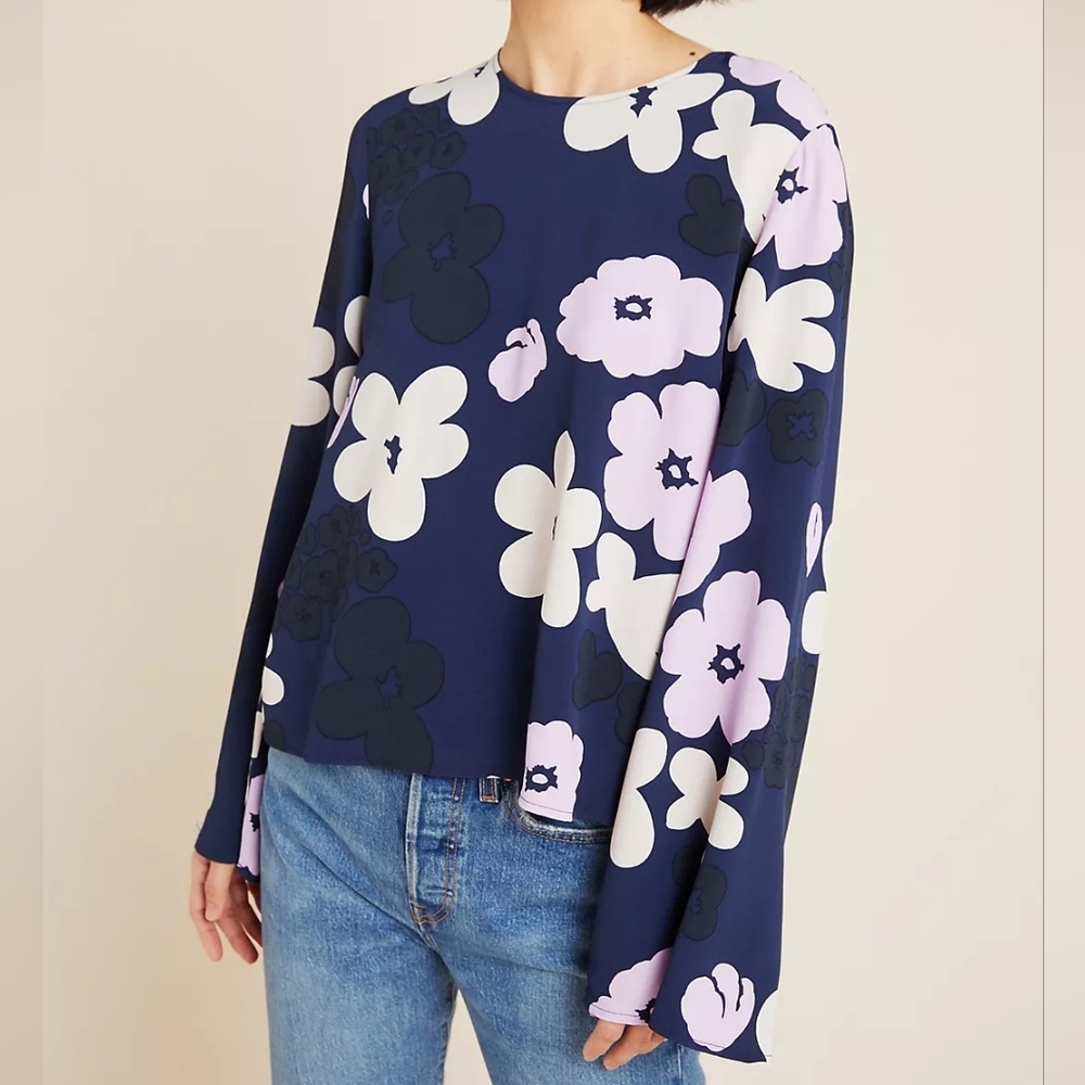 Merimekko Sorea Kevattalkoot Long Bell Sleeve Floral Blouse Sz 40, 10 - Picture 2 of 13